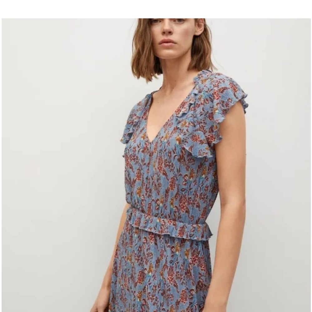 MANGO textured ruffle blue print  midi dress sz 2